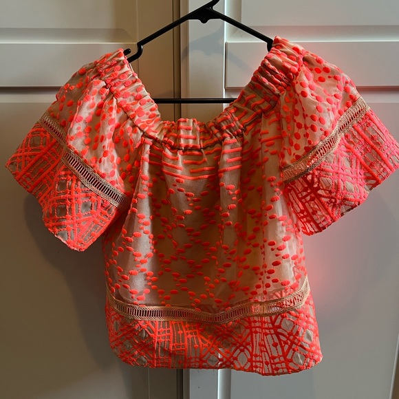 Off-the-shoulder bubble embroidered top in coral. Great condition worn once. - Picture 2 of 4